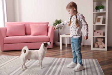 Şirin küçük kız köpeğini evde besliyor. Çocukluk hayvanı.