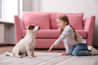 Evde sevimli küçük bir kız köpeğiyle oynuyor. Çocukluk hayvanı.