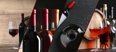 Farklı şarap fotoğraflarıyla güzel bir kolaj. Pankart tasarımı