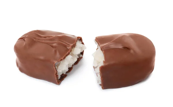 Halves Delicious Milk Chocolate Candy Bar Coconut Filling White Background —  Fotos de Stock