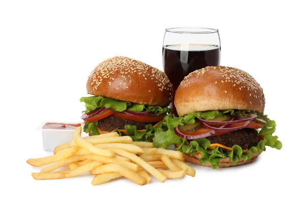 Hamburgery Frytki Ketchup Orzeźwiający Napój Białym Tle Fast Food — Zdjęcie stockowe
