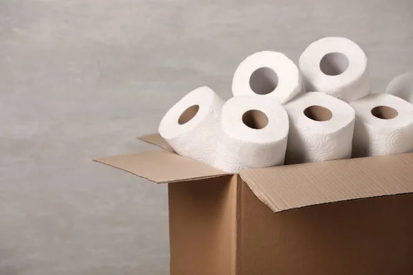 Cardboard Box Paper Towels Grey Background Space Text — ストック写真