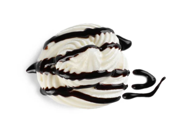 Delicious Fresh Whipped Cream Chocolate Syrup Isolated White Top View — Foto Stock