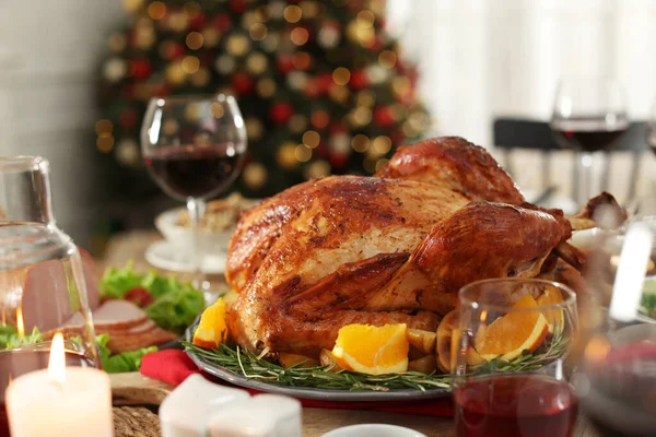 Festive Dinner Delicious Baked Turkey Served Table Indoors Christmas Celebration — 스톡 사진