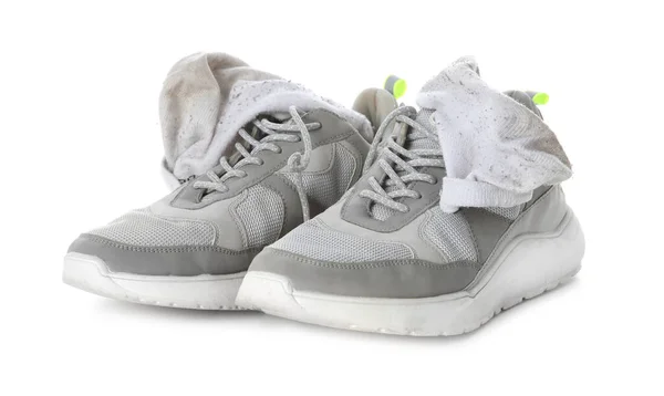 Sneakers Med Smutsiga Strumpor Vit Bakgrund — Stockfoto