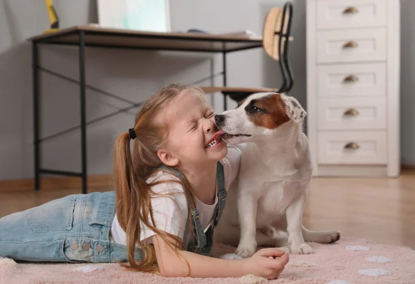 Cute Little Girl Playing Her Dog Home Childhood Pet — Foto Stock