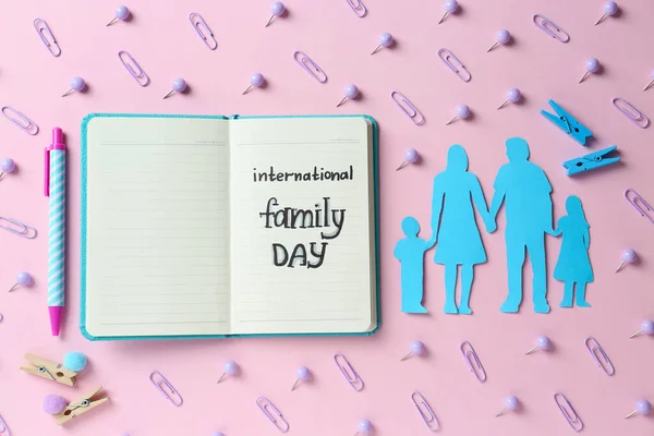 Happy International Family Day Flat Lay Composition Notebook Paper People — Fotografia de Stock