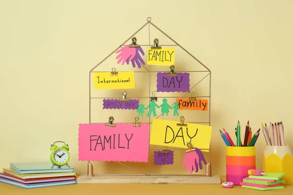 Happy International Family Day Composition Stationery Cards Table Beige Background — Stockfoto