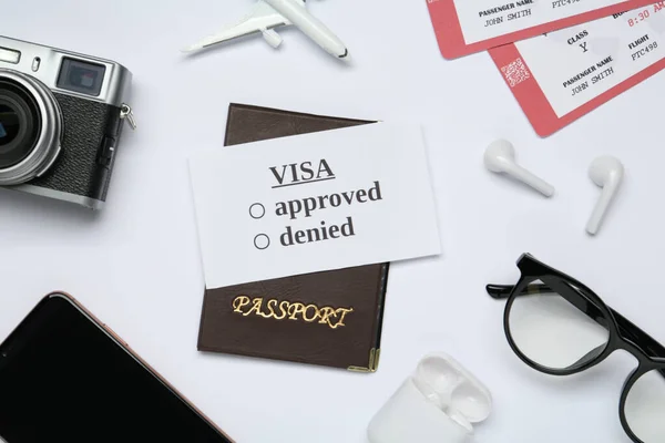 Composition Passport Toy Plane Tickets White Background Top View Visa — Foto de Stock