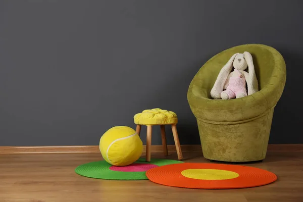 Child Room Interior Comfortable Armchair Bunny Toy Space Text — 스톡 사진