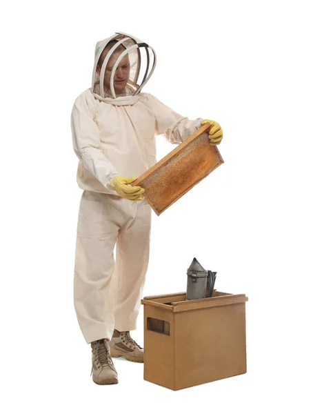 Beekeeper Uniform Holding Frame Honeycomb Wooden Hive White Background — стоковое фото