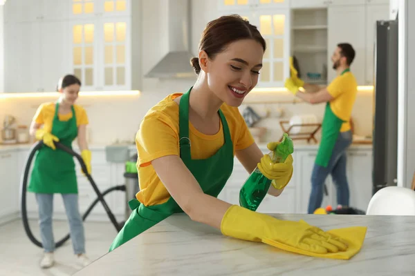 Team Professional Janitors Working Kitchen — стоковое фото