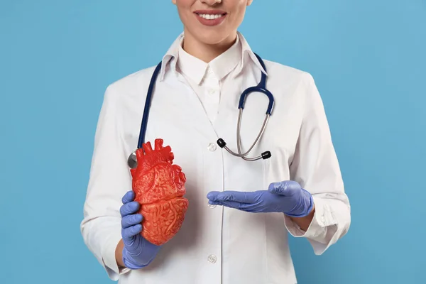 Doctor Stethoscope Model Heart Light Blue Background Closeup Cardiology Concept — Fotografia de Stock
