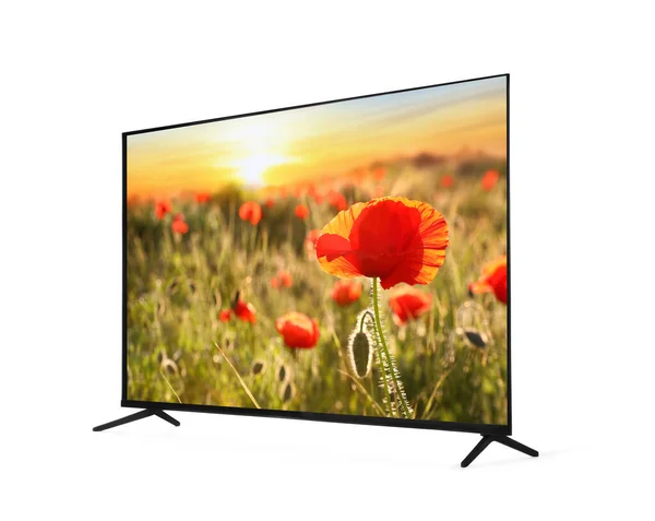 Modern Wide Screen Monitor Showing Beautiful Poppy Flowers Field Sunset — стоковое фото