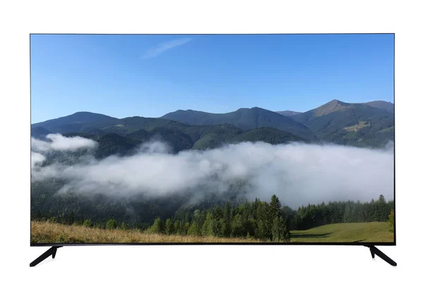 Modern Wide Screen Monitor Showing Beautiful Mountain Landscape Isolated White — Stockfoto