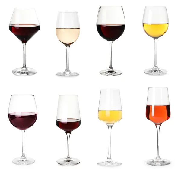 Conjunto Com Copos Diferentes Deliciosos Vinhos Caros Fundo Branco — Fotografia de Stock