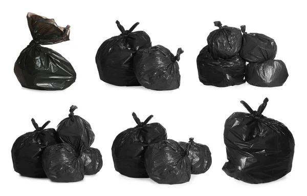 Set Černými Pytle Odpadky Plné Odpadků Bílém Pozadí — Stock fotografie