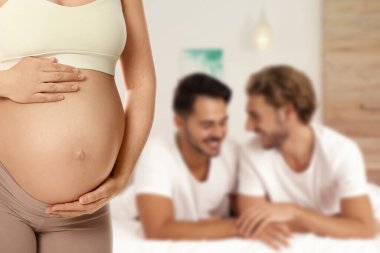 Surrogacy concept. Young pregnant woman and blurred view of happy gay couple indoors clipart