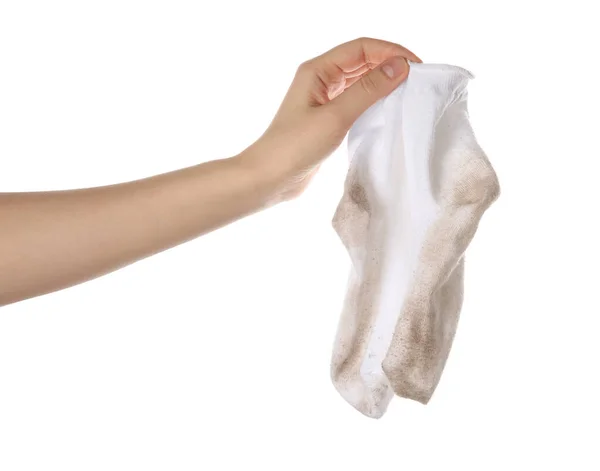Woman Holding Dirty Socks White Background Closeup — Zdjęcie stockowe