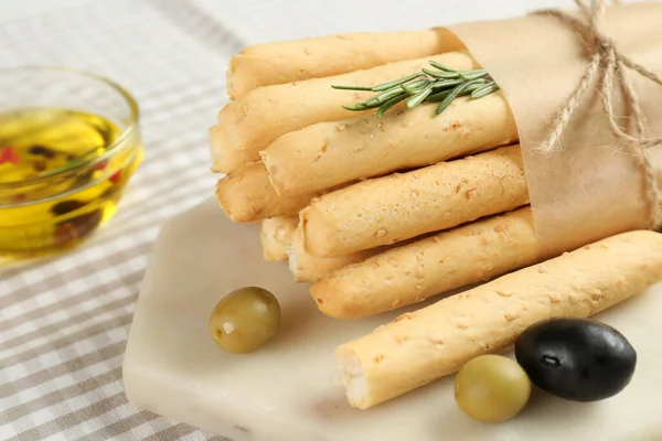 Tasty Grissini Rosemary Olives Oil Table Closeup — Stock Photo, Image