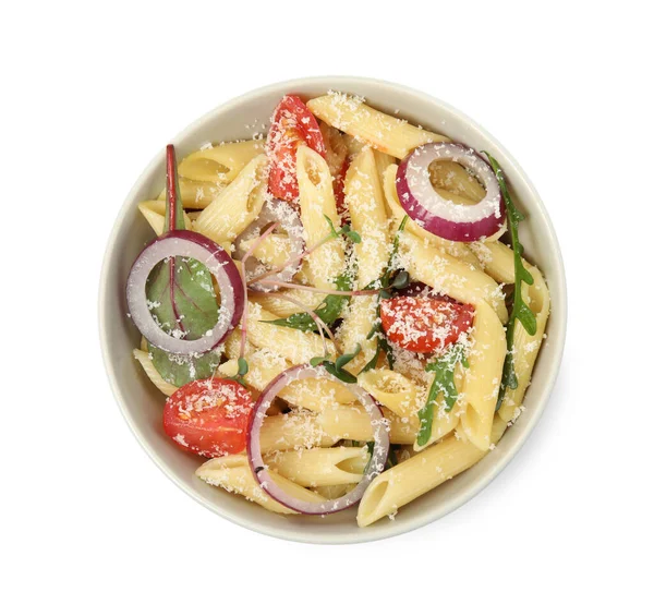 Bowl Delicious Pasta Tomatoes Onion Cheese White Background Top View — Foto de Stock