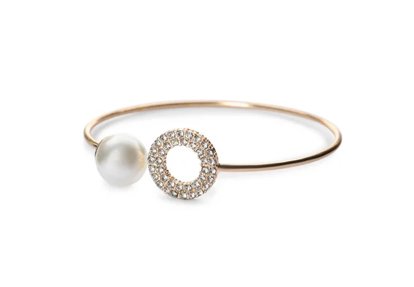 Elegantes Goldenes Armband Mit Perle Isoliert Auf Weiß — Stockfoto