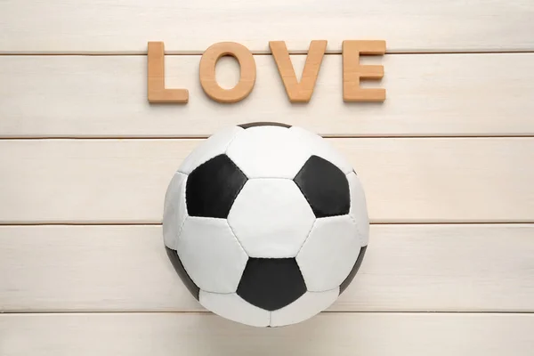 Soccer Ball Word Love White Wooden Background Flat Lay — Stock Photo, Image