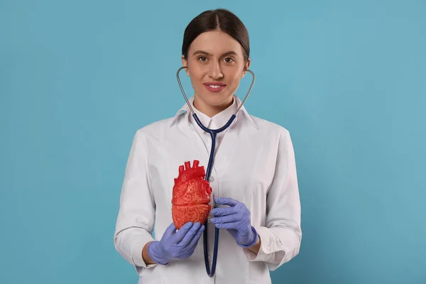 Doctor Stethoscope Model Heart Light Blue Background Cardiology Concept — Fotografia de Stock