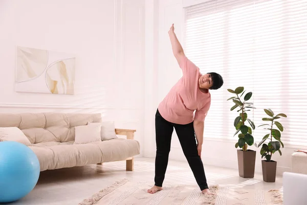 Overweight Mature Woman Stretching Home Space Text — Photo
