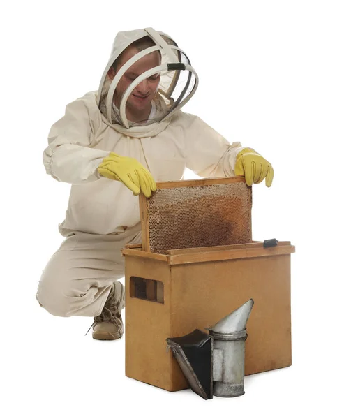 Beekeeper Uniform Taking Frame Honeycomb Out Wooden Hive White Background — стоковое фото