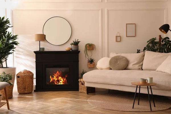 Stylish Living Room Interior Electric Fireplace Comfortable Sofa Beautiful Decor — Stockfoto