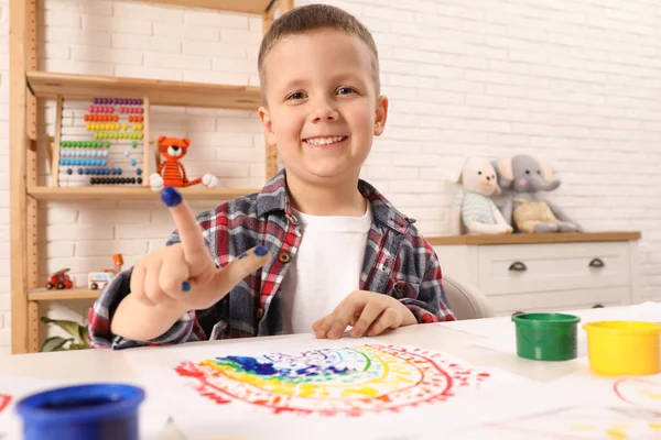 Little Boy Painting Finger White Table Indoors — Stock Photo, Image