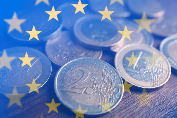 Double Exposure European Union Flag Coins Wooden Table Closeup View — Stockfoto