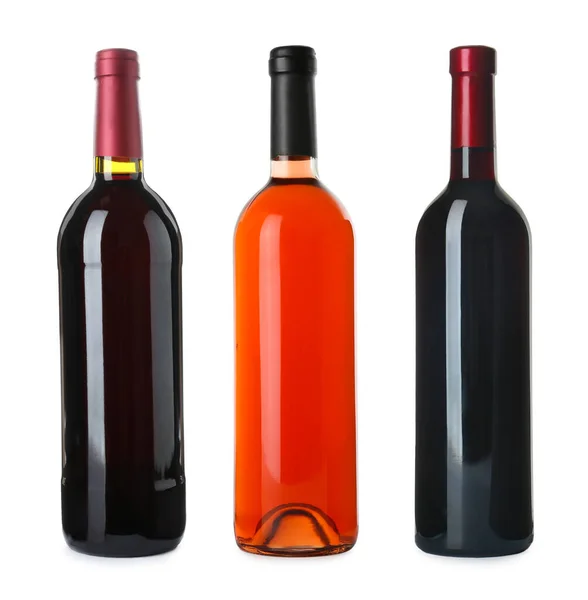 Conjunto Com Garrafas Diferentes Deliciosos Vinhos Caros Fundo Branco — Fotografia de Stock