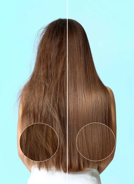 Жінка Після Миття Волосся Зволожуючим Шампунем Бірюзовому Фоні Колаж — стокове фото