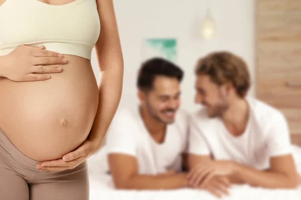 Surrogacy Concept Young Pregnant Woman Blurred View Happy Gay Couple — 스톡 사진