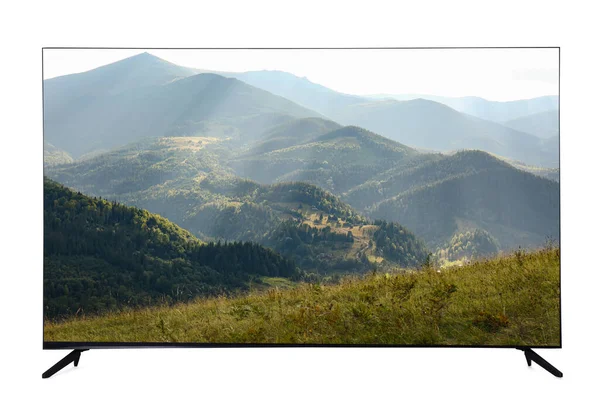 白に隔離された美しい山の風景を示す現代的なワイドスクリーンテレビモニター — ストック写真