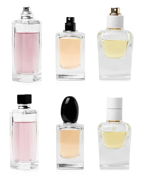 Set Mit Verschiedenen Flaschen Parfüm Auf Weißem Hintergrund — Stockfoto