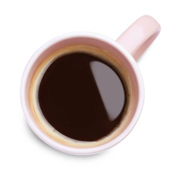 Pembe bardakta taze aromatik kahve. Beyaz, üst tarafta izole edilmiş.