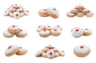 Reçelli lezzetli çörekler ve beyaz arka planda pudra şekeri, kolaj