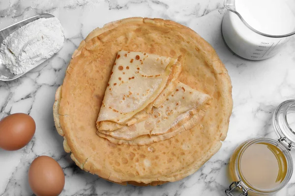 Delicious Crepes Ingredients White Marble Table Flat Lay — Photo