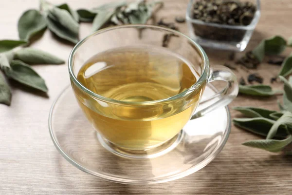 Cup Aromatic Sage Tea Wooden Table — ストック写真