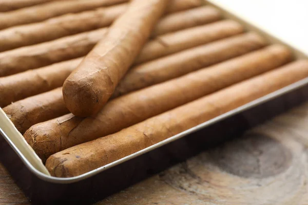 Many Expensive Cigars Box Wooden Table Closeup —  Fotos de Stock