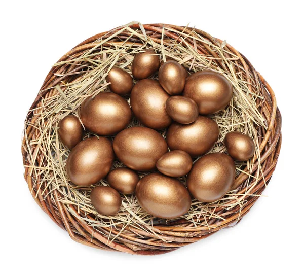 Nest Met Gouden Eieren Witte Achtergrond Bovenaanzicht — Stockfoto