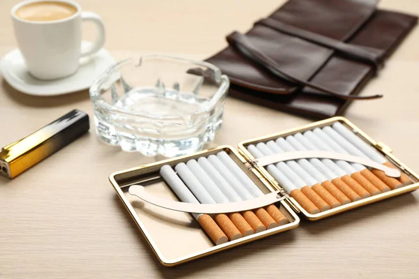 Open Case Tobacco Filter Cigarettes Ashtray Clutch Lighter Wooden Table — Foto de Stock