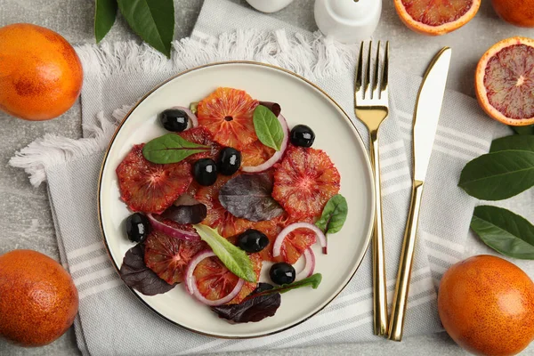 Delicious Sicilian Orange Salad Served Grey Table Flat Lay — Foto Stock