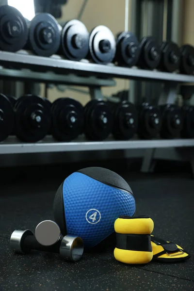 Blue Medicine Ball Weighting Agents Dumbbells Floor Gym Space Text — Stock Photo, Image