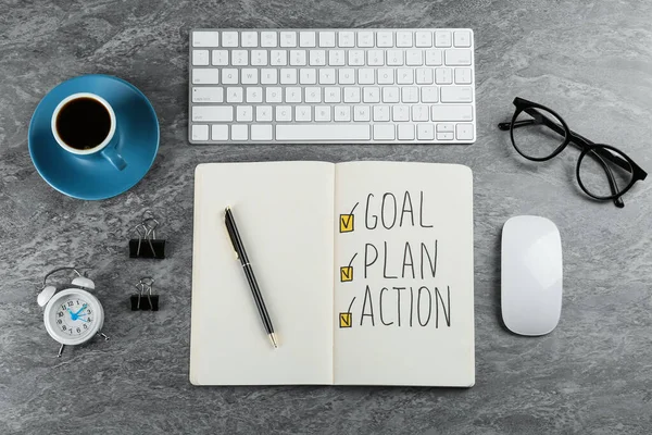 Flat Lay Composition Notebook Words Goal Plan Action Grey Table — Zdjęcie stockowe