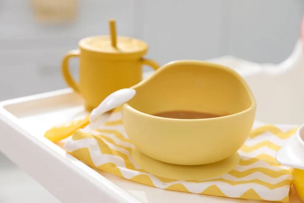 Baby Tableware Napkin White Tray Closeup — Stock Photo, Image