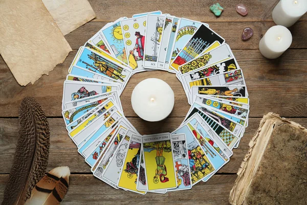Burning Candle Surrounded Tarot Cards Wooden Table Flat Lay — ストック写真